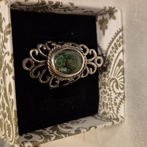 Vintage Sterling Silver Chrysoprase Filigree Ring